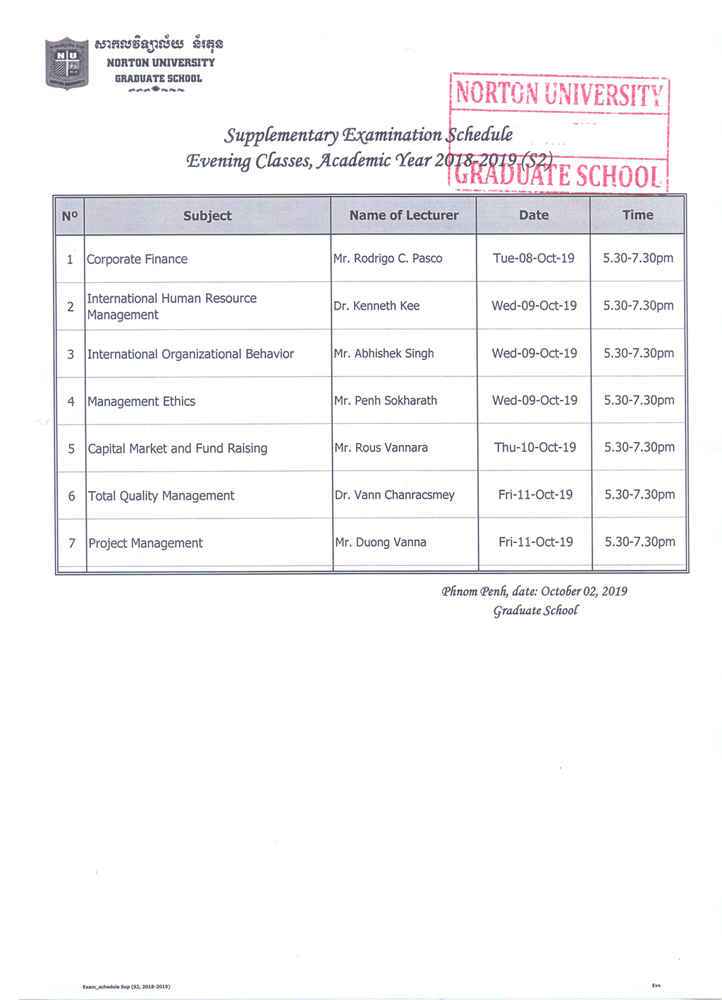 Supplementary Examination Schedule Weekend and Evening Classes, Academic Year 2018 - 2019 Semester 2