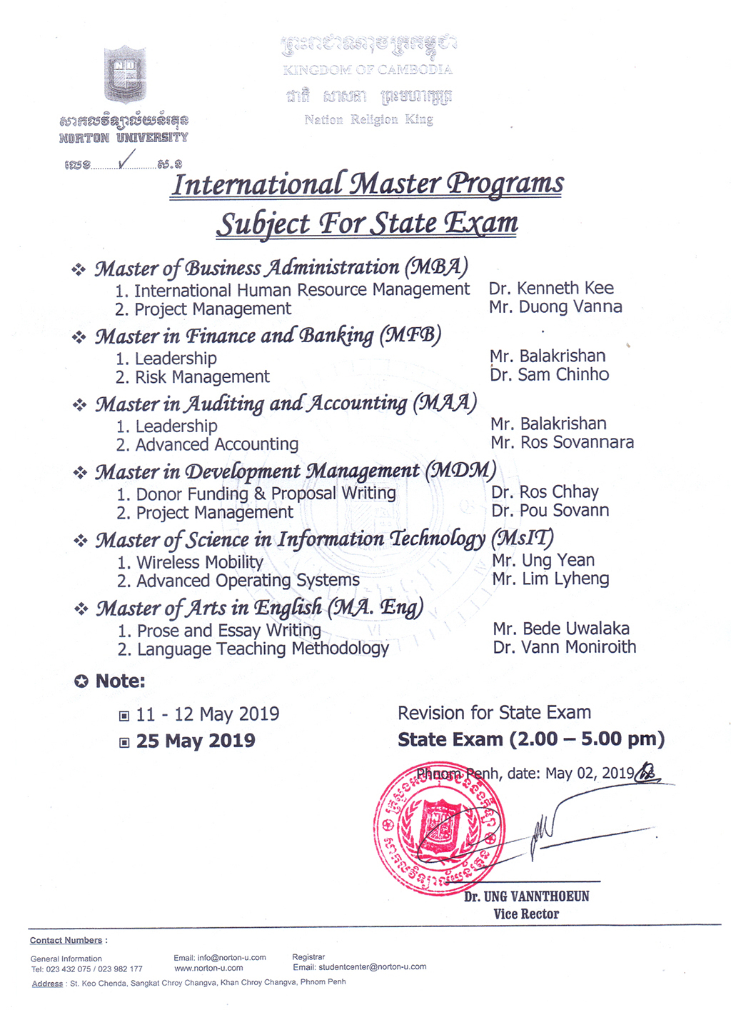 Subjects for State Exam Norton University Graduate School 2019