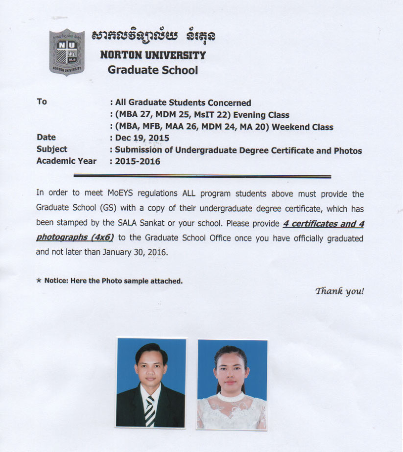 Submission of Undergraduate Degree Certificate and Photos Academic Year 2015-2016